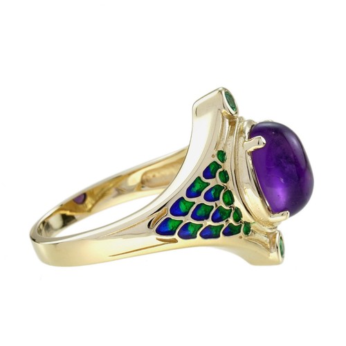 9K Yellow Gold Natural Cabochon Amethyst Emerald Antique Style Naka Snake Ring - Picture 3 of 11