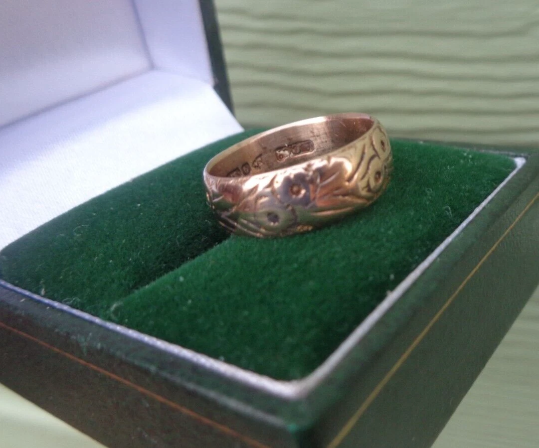 Anillo Banda Boda Oro Rosa 9ct Floral Antiguo 1911 Chester Talla J-K