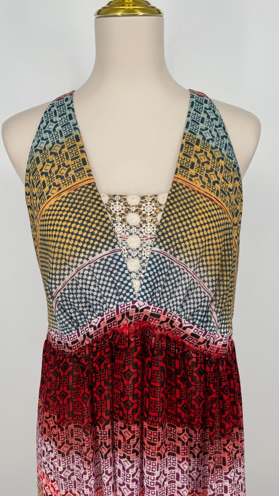 Soma women size L Maxi geo print multicolor dress Halter neck lined empire waist