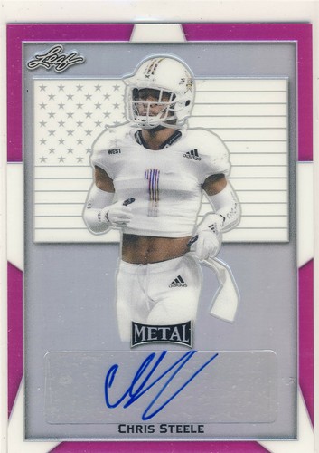 CHRIS STEELE 2019 Leaf Metal All-American Bowl Pink Flag /6 AUTO STEELERS - Afbeelding 1 van 2