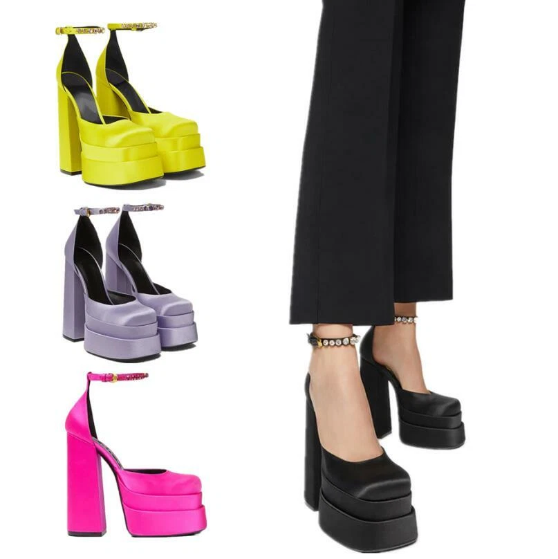 Zapatos para mujer Sandalias Tacón Súper Alto Bloque Punta Cerrada Satén Tobillo Correa Fiesta L Foto 2 de 4