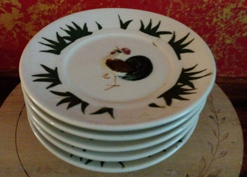 Vintage Rooster Japanese Child 5 piece Majolica Made in Japan Tea Set Plates 