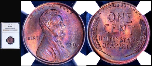 1910 1C- NGC MS 65 RB RARE RAINBOW GREAT COLOR & STRIKE TONED  LINCOLN WHEAT SM