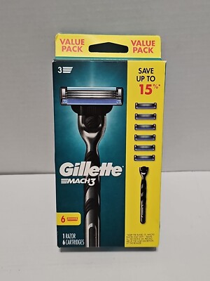 SEALED Gillette Mach3~Men's 3 Blade~1 Razor Handle & 6 Refill Cartridges