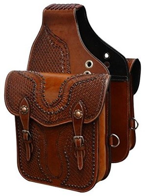 Showman Basket Weave Tooled Leather Saddle Bag w/ Antique Copper Conchos & Studs