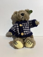 Vintage 1998 Plush Jointed Teddy Bear by Hugfun Blue Sweater Button Brown 6  