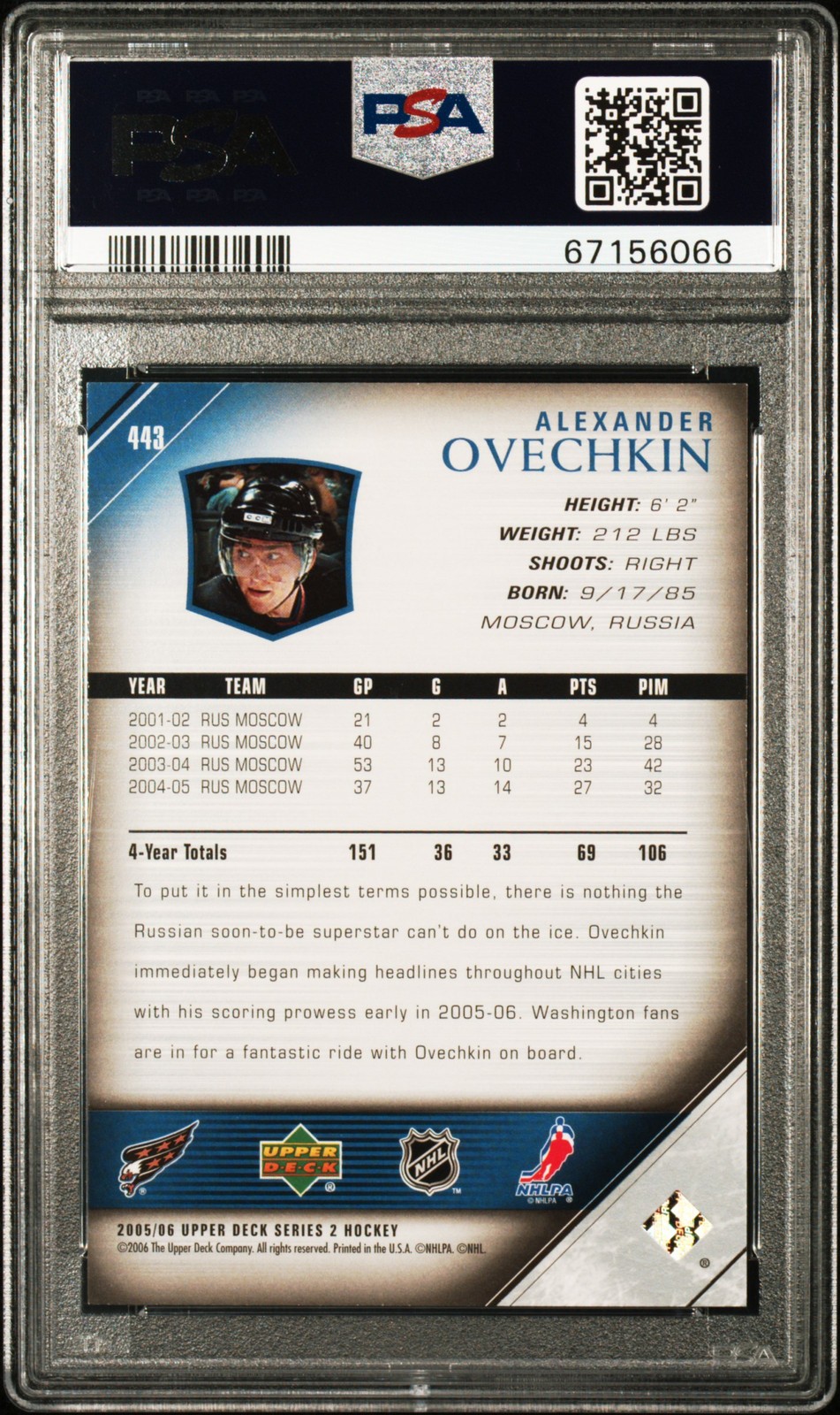 2005-06 Upper Deck Alexander Ovechkin Young Guns #443 PSA 10 view 2