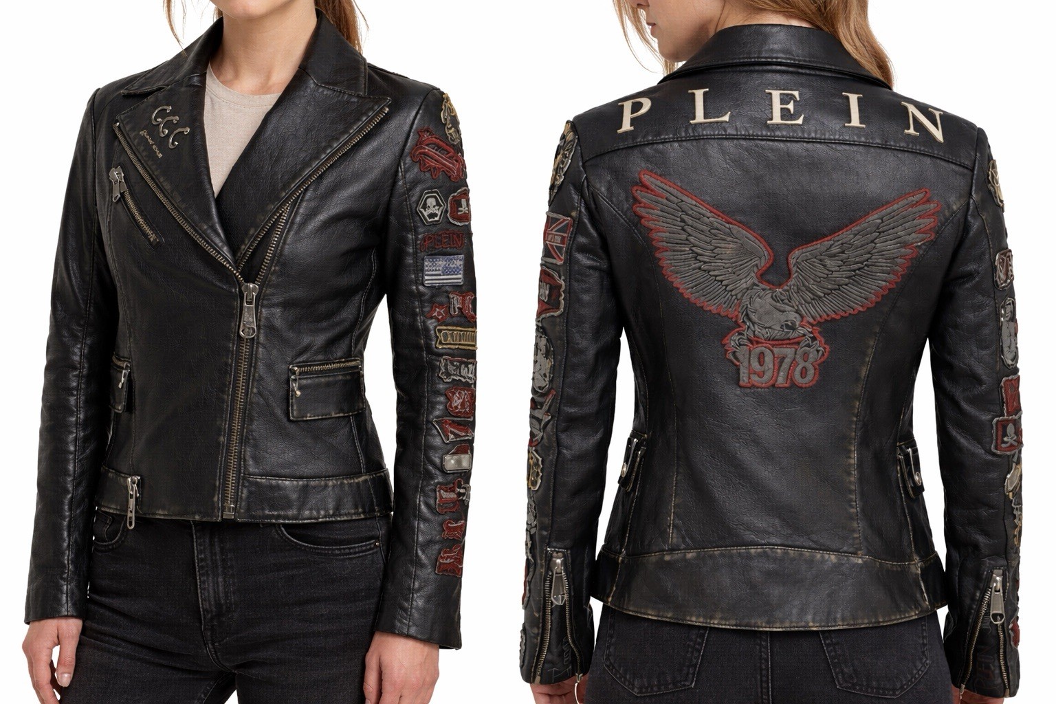 DDP Philipp Plein Leather Patch Eagle Biker Moto Jacket Womens size L