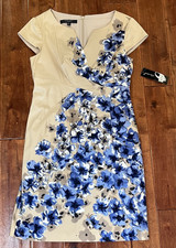 NWT Nine West Stunning Floral Watercolor Blue Tan Cap Sleeve Sheath Cotton Dress