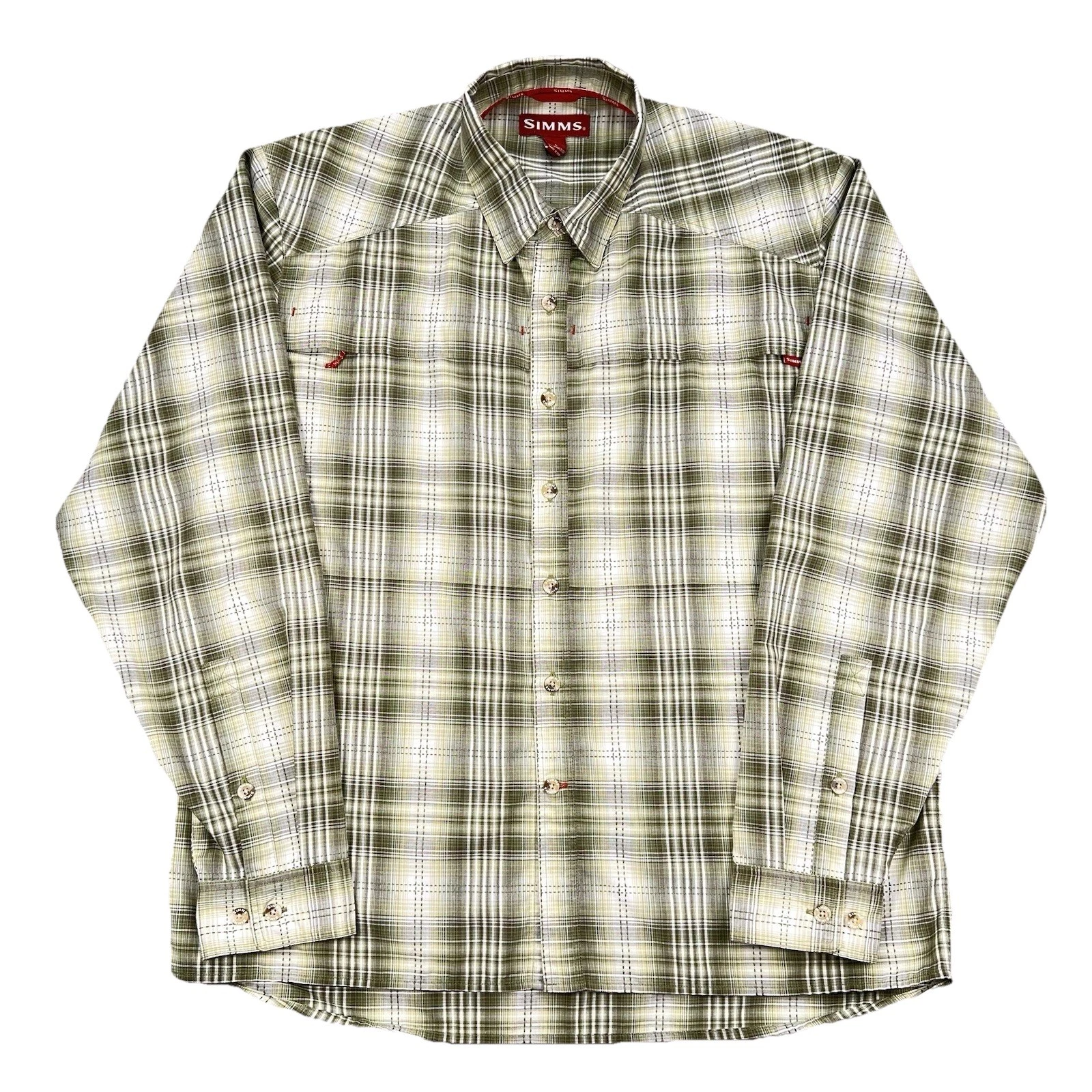 SIMMS Fishing Shirt Men’s Large Green Plaid Long Sleeve Lightweight Outdoors