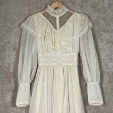 Vintage 70s Ivory Lace Prairie Maxi Wedding Dress Victorian Style Praire