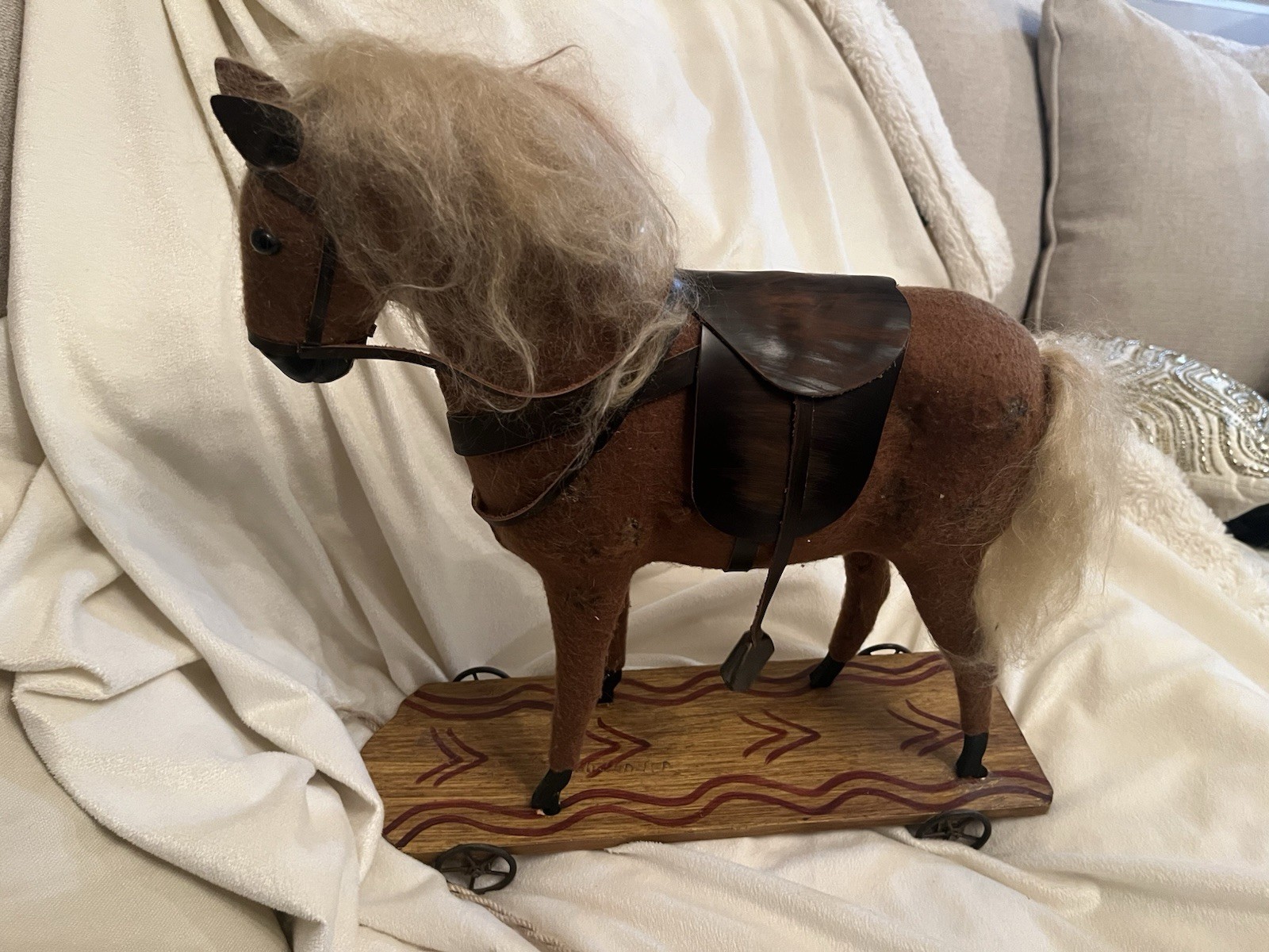 Vintage Folk Art Primitive Platform Toy Horse on Wheels Pull Toy Decor