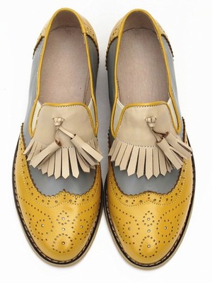 Women's Real Leather Color Splicing Two Tone Wing Tip Mary Jane Shoes Patchwork