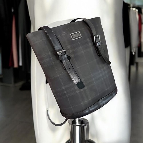 Authentic Burberry Check Plaid Bucket Hobo Bag Leather Brown Black Made in Italy