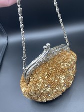 Vintage Beaded Evening Bag w/ Chain Silver Filigree Frame Kiss Lock Sequin Purse