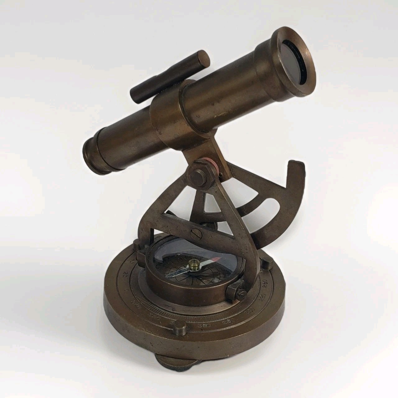 VINTAGE MARITIME 5 1/2" TALL BRASS ALIDADE w/ TELESCOPE COMPASS & LEVEL