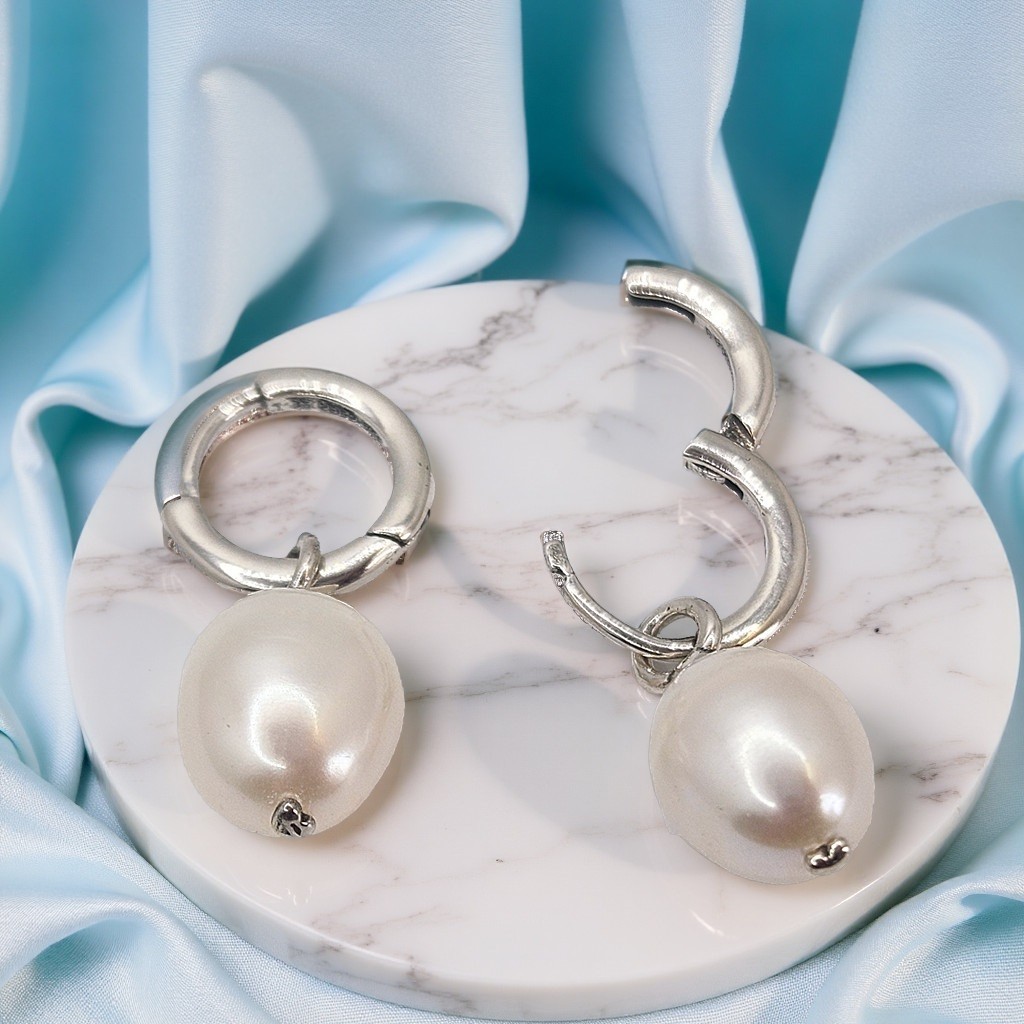 Pearl Hoop Earrings with Cultured Pearls and Silver Dangle for Women-image