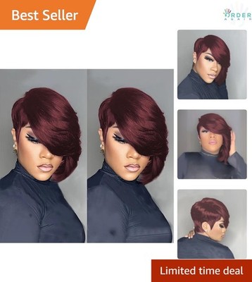 Pixie Cut Wig Human Hair Burgundy Short Layered No Lace for Daily Use