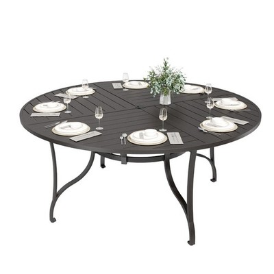67'' Outdoor Dining Table with Umbrella Hole Large Patio Table Metal Iron Black