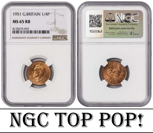i-650627 Great Britain 1 Farthing 1951. NGC MS 65 RB. TOP POP.