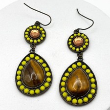 Vintage Bronze Tone Tiger Eye Style Teardrop Dangle Earrings Yellow Beaded Boho