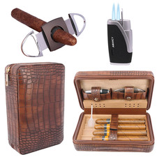 Elegante portasigari in pelle marrone con taglierina e accendino - set humidor da viaggio