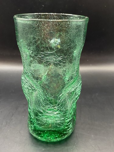 Vtg Blenko? Green Pinched Crackle Glass Drinking Tumbler, Hand Blown Glass