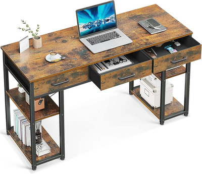 Office Small Computer Desk: Home Table with Fabric Drawers & Storage Shelves ..