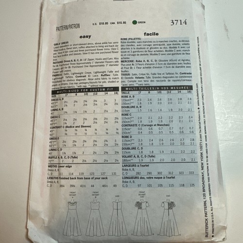 Butterick 3714 Childs Long Formal Holiday Dress Sewing Pattern Size 7-10 Uncut - Picture 2 of 2