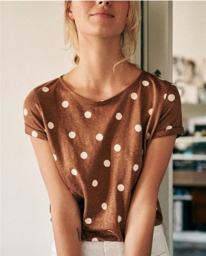 Sézane Linen André T-Shirt in Camel / Ecru Dots