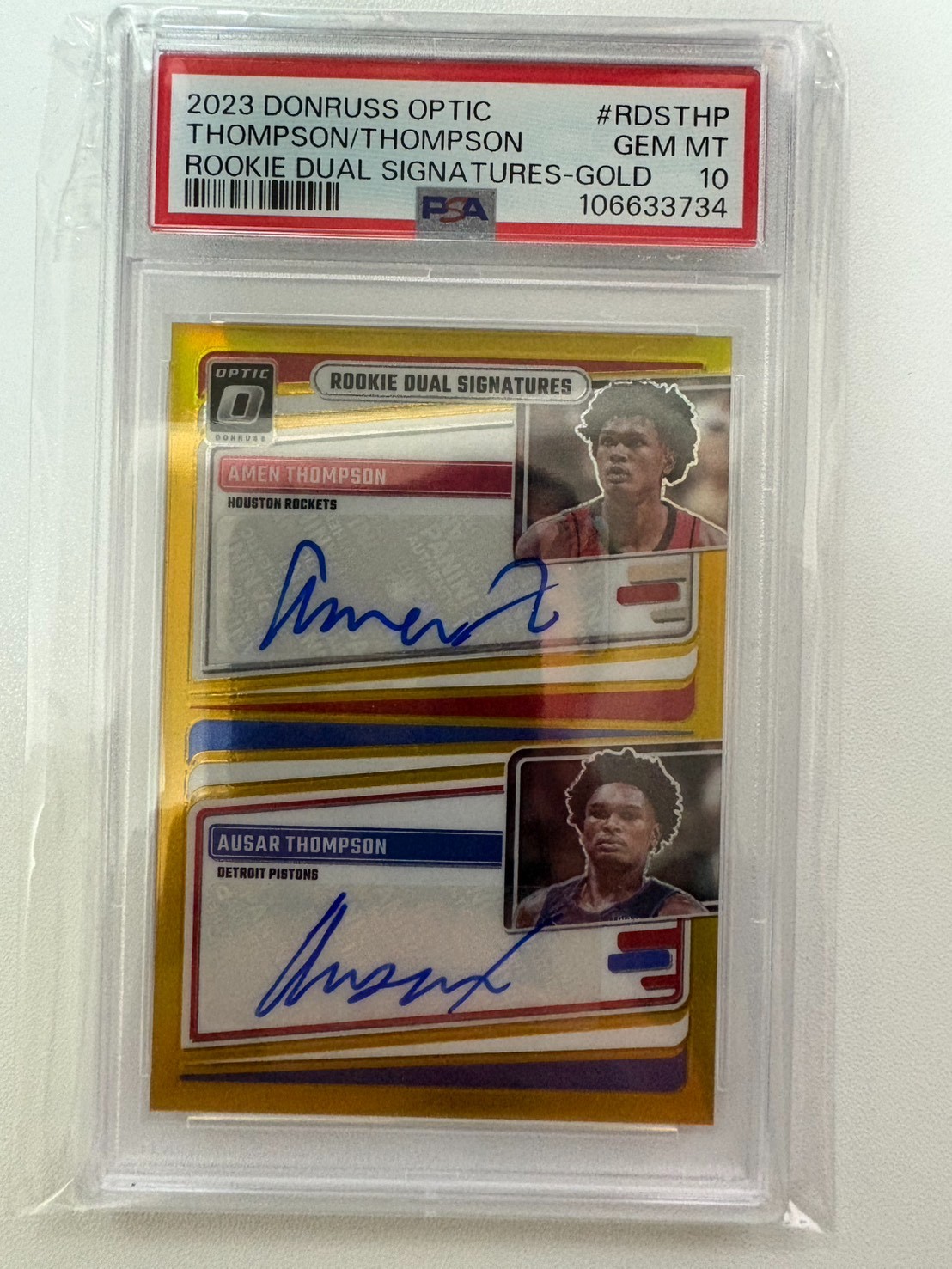 PSA 10 2023 Donruss Optic Amen Thompson Ausar Thompson Gold Prizm RC Auto 3/10