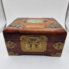 Vintage Chinese Rosewood Jewellery Box Brass Jade Medallion Shanghai Chest Gift