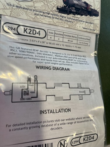 TCS 1294 K2D4 ~ Escala N ~ Decodificador DCC desplegable para locos SURTIDOS KATO WALTHERS | Condition: New