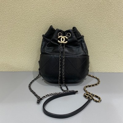 Chanel Gabrielle Bucket Black Leather Crossbody Bag with Gold Hardware