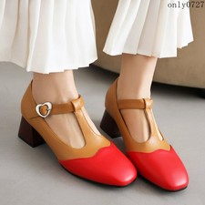 Womens Square Toe Mid Block Heel T-strap Mary Jane Fashion Pumps Shoes Oversize