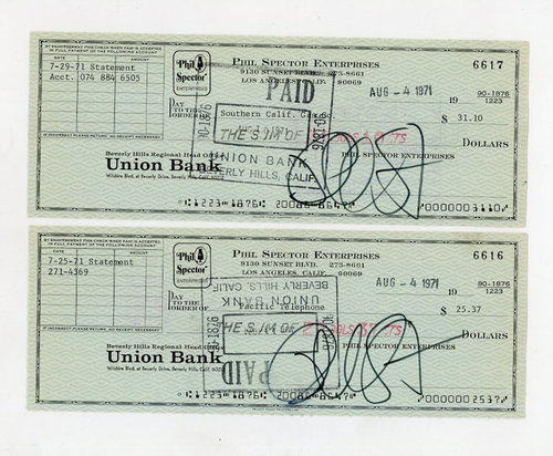 PHIL SPECTOR Lot Of Two Signed 70s Autograph Company Checks BEATLES RONETTES