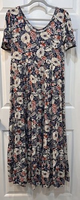 Natural Life Pansy Tiered Maxi Dress Size S Boho Blue Multi Floral Short Sleeve