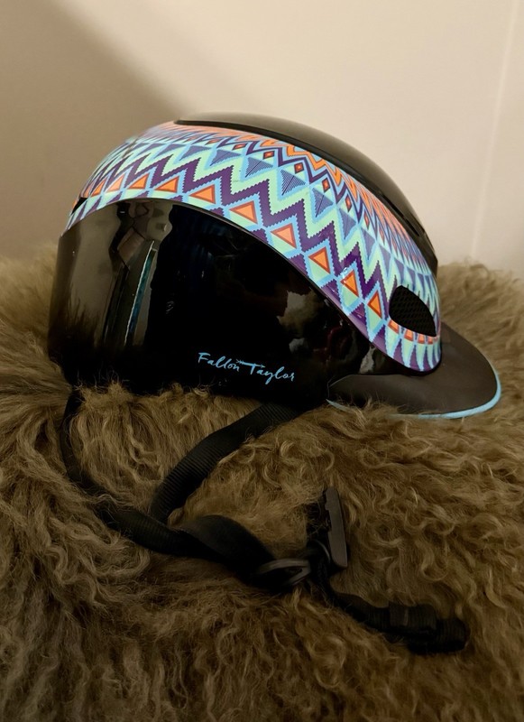 Small Fallon Taylor Helmet Black, Turquoise, Purple, Red & Orange Aztec Design