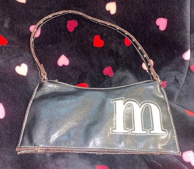 Y2K 90s Black Faux Leather m Monogram Mini Shoulder Bag Purse Stud Strap Clutch