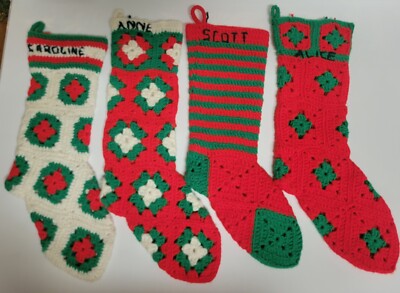 Vintage Crochet Granny Square Christmas Stockings Set of 4 White Red Green 19  