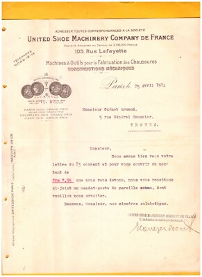 PARIS (X°) WERKZEUGMASCHINENFABRIK für SCHUHE ''Ltd SHOE MACHINERY Co'' 1914