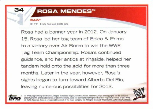 2013 Topps WWE Wrestling Card #34 Rosa Mendes - Foto 2 di 2