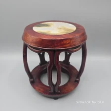 VTG Hand Carved Hong-Mu Brown Wood And Multicolor Stone Tabletop Stand 7" Tall