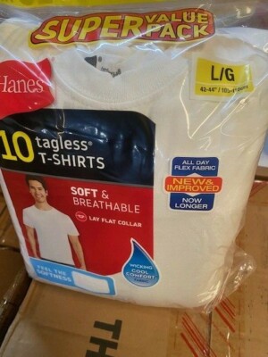 Hanes Super Value Pack 10 Tagless T shirts White Large (8916) BUY MORE & SAVE!!!
