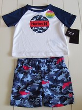 Boys Hurley 2 Pc RWB Shark Rash Guard Shirt and Swim Trunks Shorts 12M 24M