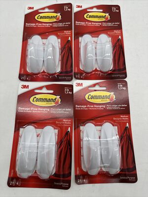 4 Pks 3M Command 8 Medium Designer Hooks & 16 Adhesive Strips Per Pack Max 3 lb