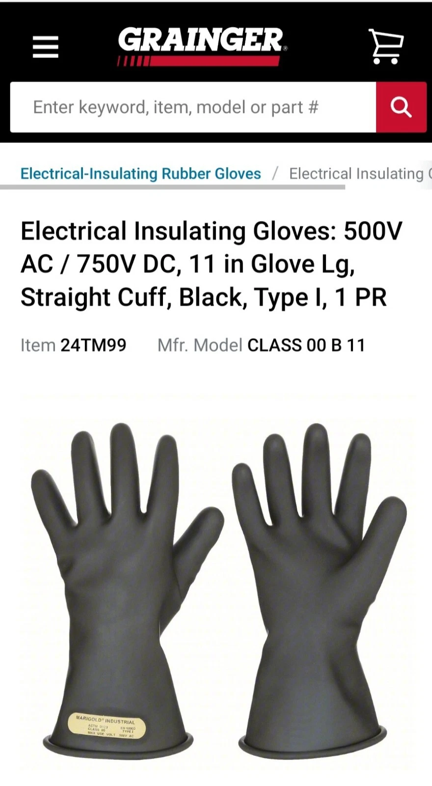 Ansell Electrical Insulating Gloves: 500V AC / 750V DC, 11 in Glove LG. (30)