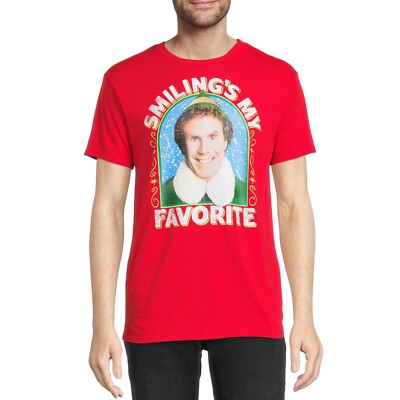 Elf Men s 'Smiling's My Favorite' Christmas Graphic Tee, Red Size L(42-44)