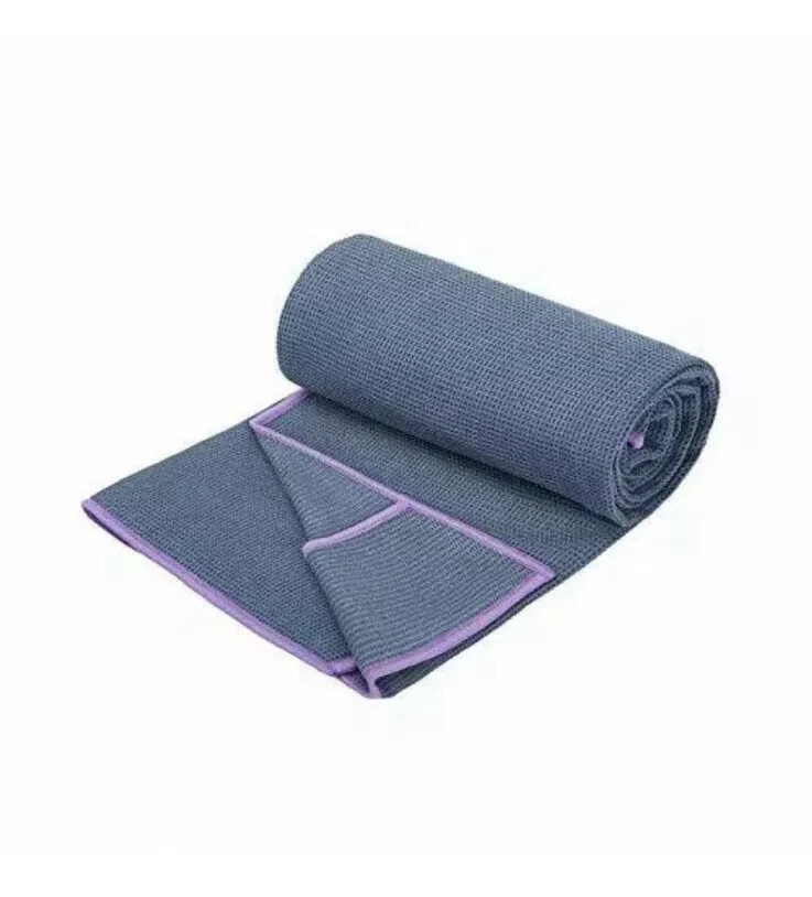 Toalla de yoga con agarre pegajoso-Mejor toalla antideslizante para yoga  caliente gris con acabado púrpura nueva