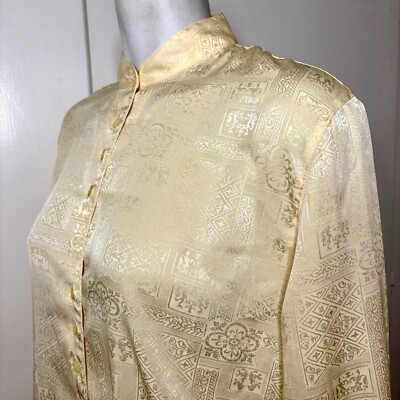 Vintage 80s Satin Polyester Mandarin Collar Cream Button Up Blouse